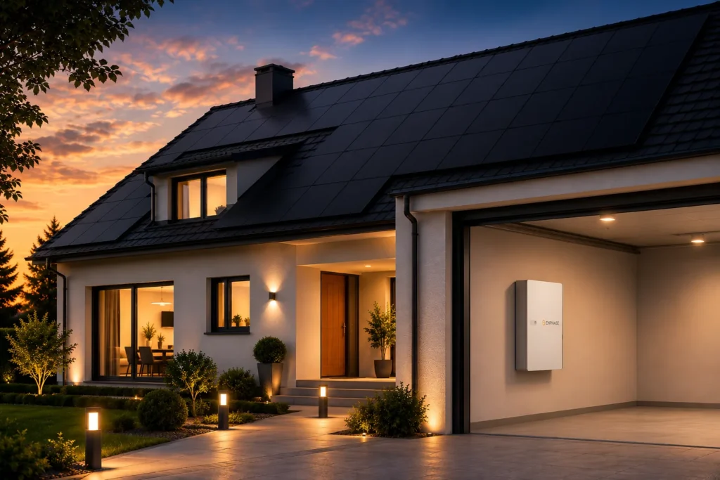 Batterie de stockage photovoltaïque universelle installée dans un local technique à côté d'un onduleur.