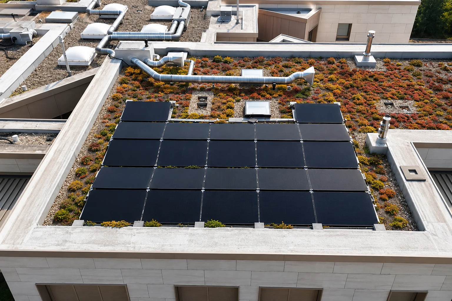 Installation de panneaux photovoltaïques sur toiture plate végétalisée